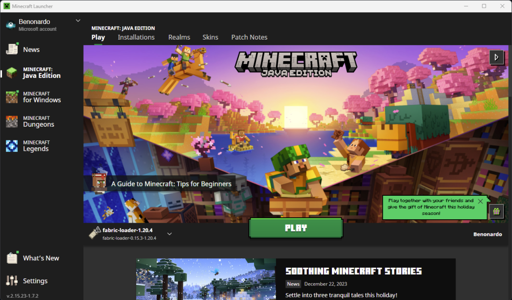 Launcher de Minecraft con el perfil de Fabric seleccionado